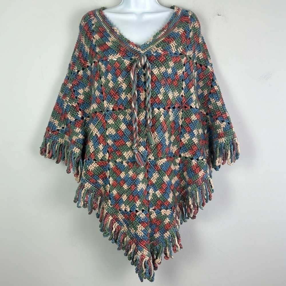 Homemade Crocheted Knit Poncho Shawl Multicolor Grandmacore Fall Winter Unique